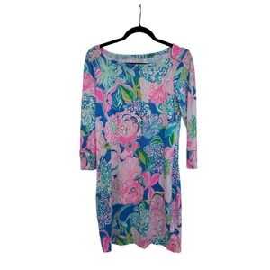 Lilly Pulitzer Dress Womens Small Pink Blue Floral Shift 3/4 Sleeve Boat Neck
